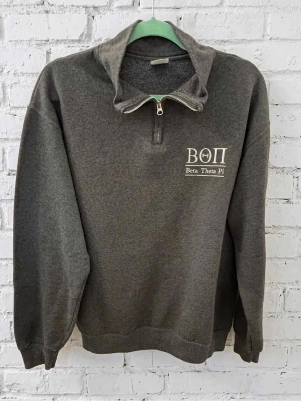 Beta Theta Pi Charcoal Gray Quarter-Zip Sweatshirt with White Crest